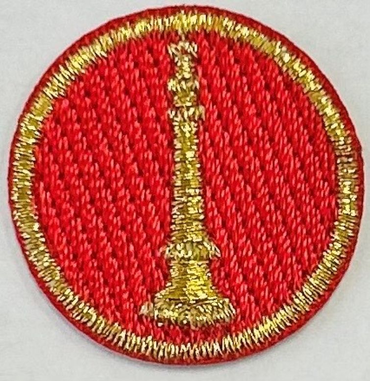 FIRE FIGHTER BUGLE, 1" CIRCLE - METALLIC GOLD on RED - SEW ON.